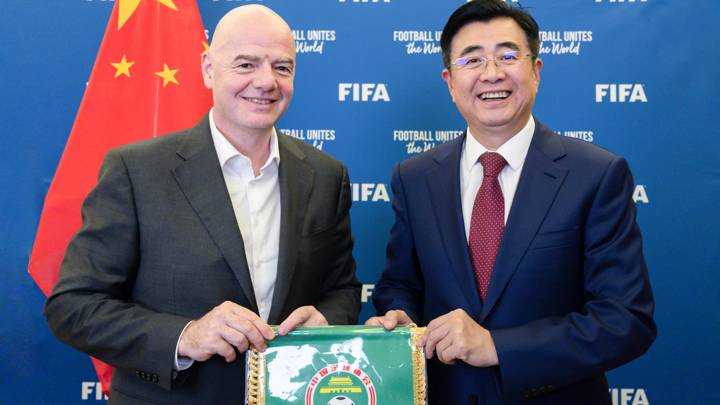 JEDDAH, SAUDI ARABIA - DECEMBER 20: FIFA President Gianni Infantino (R) poses for a photo with Chinese Football President Song Kai during a meeting on December 20, 2023 in Jeddah, Saudi Arabia. (Photo by Harold Cunningham/FIFA)