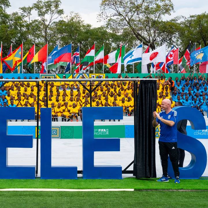 KIGALI, RWANDA - MARCH 15: FIFA President Gianni Infantino and His Excellency Paul Kagame, President of the Republic of Rwanda during the Inauguration of Kigali Pelé Stadium as part of the 73rd FIFA Congress on March 15, 2023 in Kigali, Rwanda. (Pascal Bitz/FIFA)