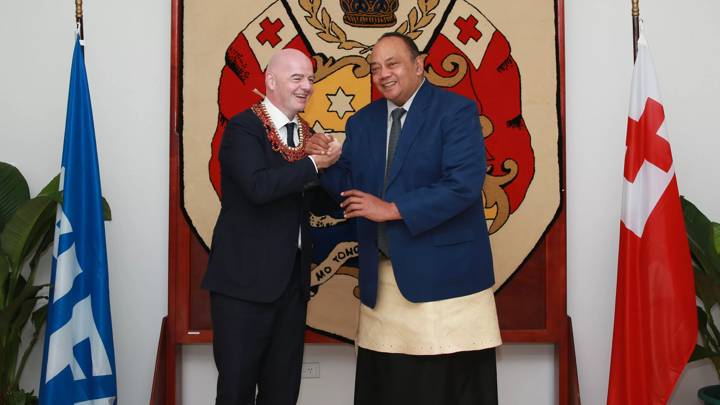 NUKU'ALOFA, TONGA - JULY 31: FIFA President Gianni Infantino meets with Prime Minister of Tonga Hu'akavameiliku as part of his visit to Tonga during the FIFA Women's World Cup Australia & New Zealand 2023 on July 31, 2023 in Nuku'alofa, Tonga. (Photo by Kirk Corrie)