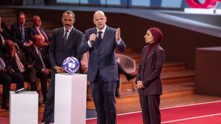 PARIS, FRANCE - JULY 25: FIFA President Gianni Infantino speaks on stage alongside FIFA Senior Football Advisor Youri Djorkaeff (L) and Jessica Houara (R) during the Sport For Sustainable Development Summit at Carrousel du Louvre on July 25, 2024 in Paris, France. (Photo by Nicolas Luttiau/AFD)