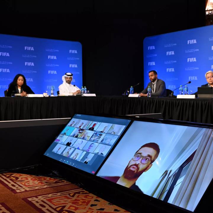 DOHA, QATAR - DECEMBER 14: Supreme Committee for Delivery and Legacy Secretary General Hassan al Thawadi during the Online exchange of views with independent human rights experts on FIFA World Cup Qatar 2022™ on December 14, 2021 in Doha, Qatar. (Photo by Harold Cunningham/FIFA)