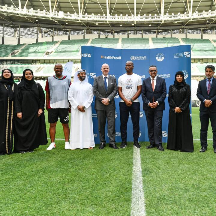 DOHA, QATAR - APRIL 1: (L-R) Secretary General of the Supreme Committee for Delivery and Legacy H.E Hassan Al-Thawadi, FIFA President Gianni Infantino, FIFA Legend Didier Drogba, WHO Director-General Tedros Adhanom Ghebreyesus, Qatar Minister of Public Health Dr. Hanan Mohamed Al Kuwari and WHO Regional Director for the Eastern Mediterranean Dr. Ahmed Al-Mandhari during the WHO Steering Committee meeting at Education City Stadium on April 1, 2022 in Doha, Qatar. (Photo by Harold Cunningham/FIFA)