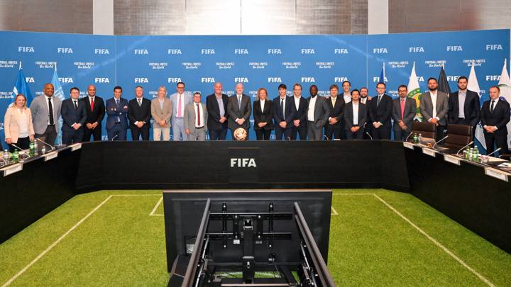 ZURICH, SWITZERLAND - MAY 25: A group photo including FIFA President Gianni Infantino and attendees during the FAWG Meeting at HoF, Home of FIFA on May 25, 2023 in Zurich, Switzerland. (Photo by Harold Cunningham/FIFA)